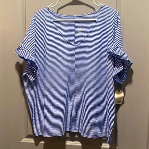 Striped 100 Cotton Tee XXL Blue White Ruffle Sleeve V Neck Summer Casual Top NWT